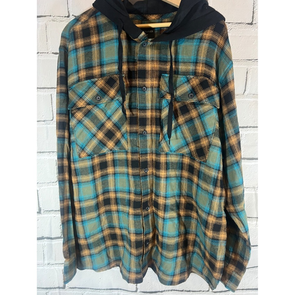 No Boundaries Mens XL Oversized Plaid Hooded Flannel Shirt Teal Orange Black